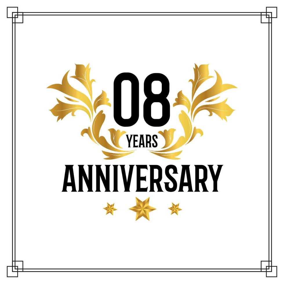 08th anniversary logo, luxurious golden and black color vector design celebration.