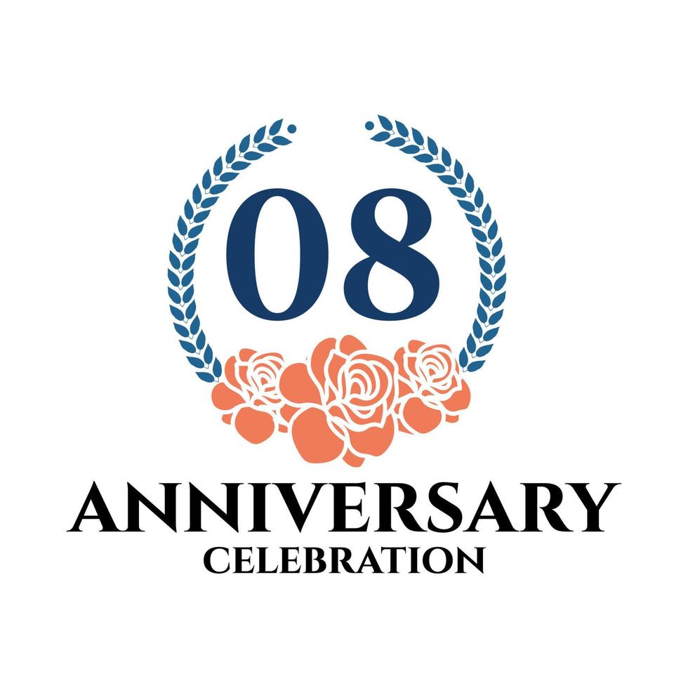 08th anniversary logo with rose and laurel wreath, vector template for birthday celebration.