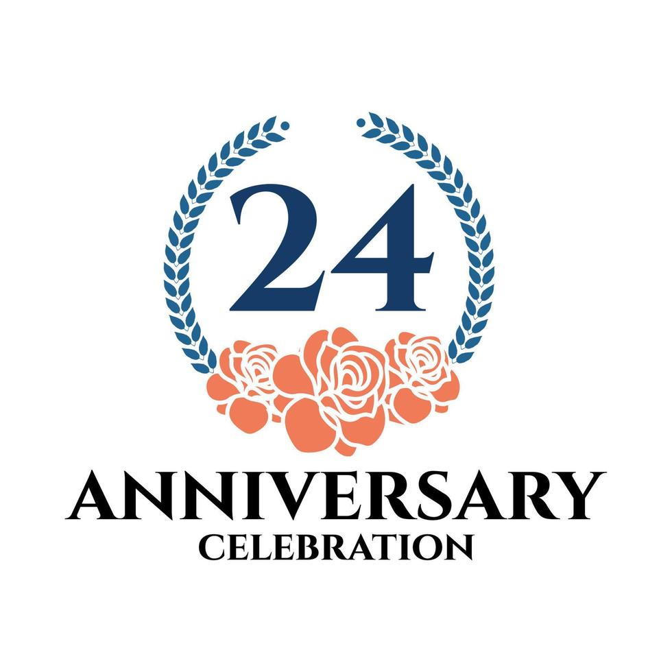 Logo del 24 aniversario con corona de rosa y laurel, plantilla vectorial para celebración de cumpleaños. vector