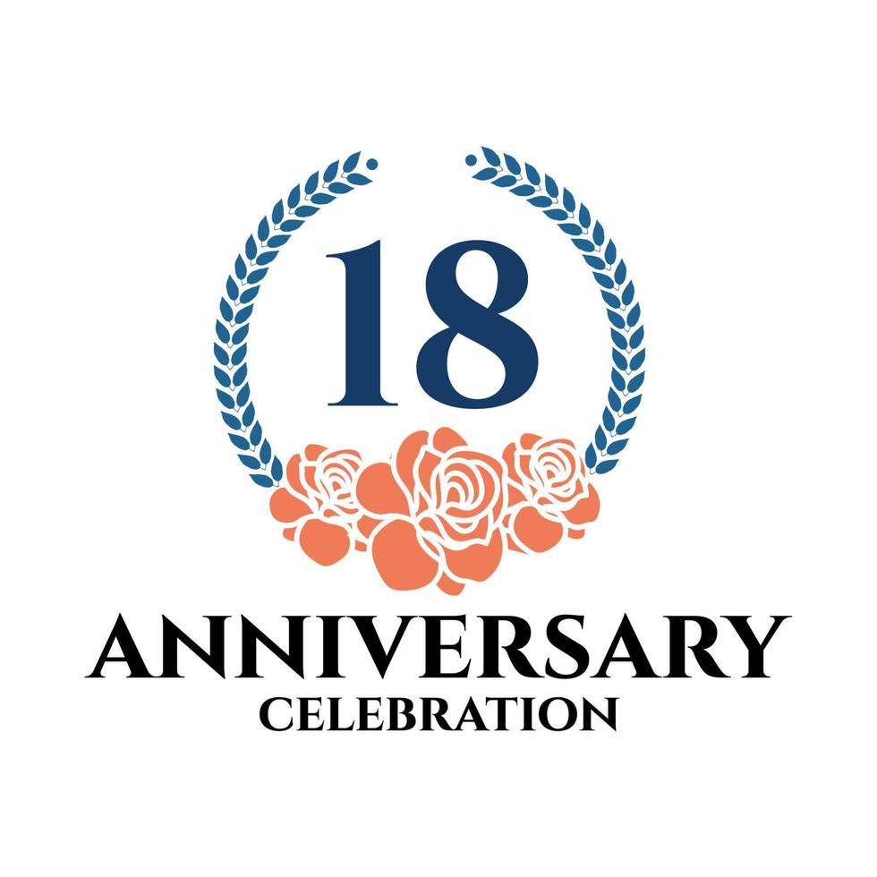 18th anniversary logo with rose and laurel wreath, vector template for birthday celebration.