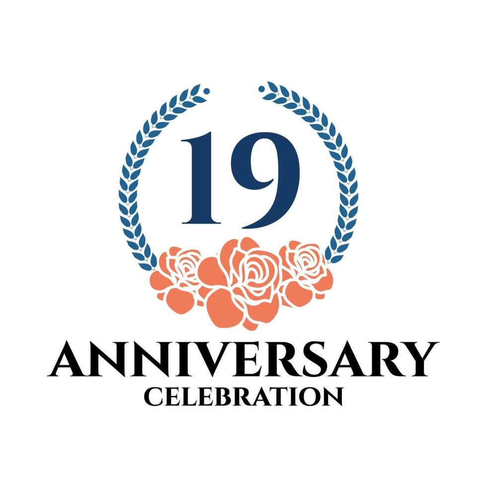 Logotipo del 19º aniversario con corona de rosa y laurel, plantilla vectorial para celebración de cumpleaños. vector