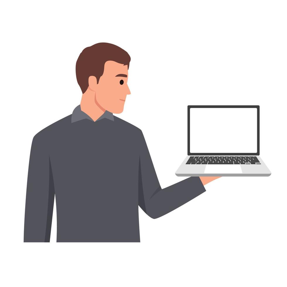 Young man holding or showing the blank screen of a laptop computer. Flat vector illustration isolated on white background