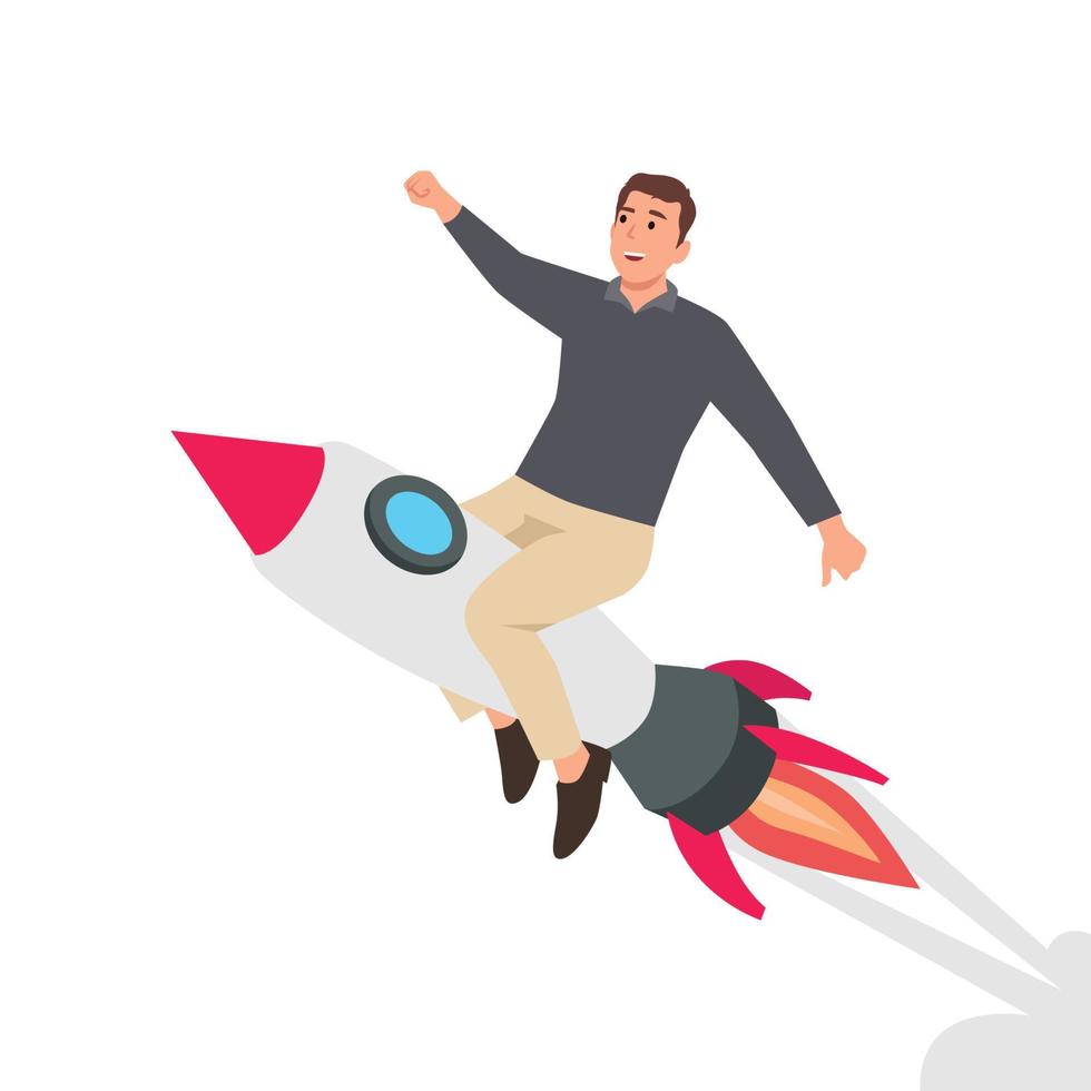 Young Businessman flying forward on a rocket on blue sky background. Success in business and career. Boost your business, startup growth and progress. Flat vector illustration isolated on white