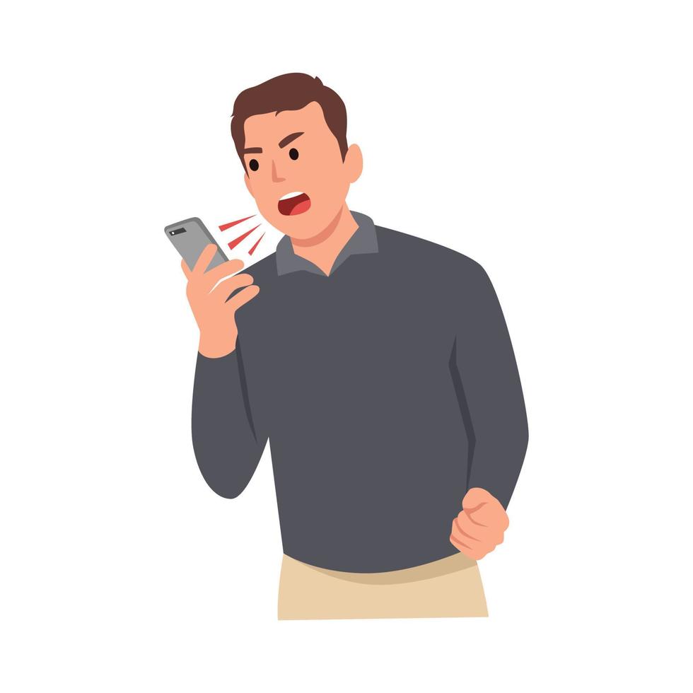Young Businessman Angry on smartphone. Stressful man business shouting and screaming. Flat vector illustration isolated on white background