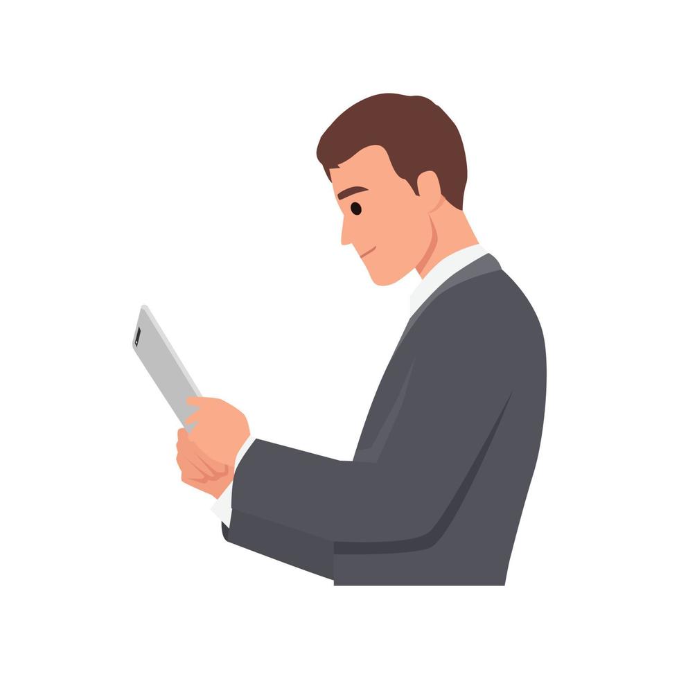 Young Business man with tablet. Manager in suit. Flat vector illustration isolated on white background