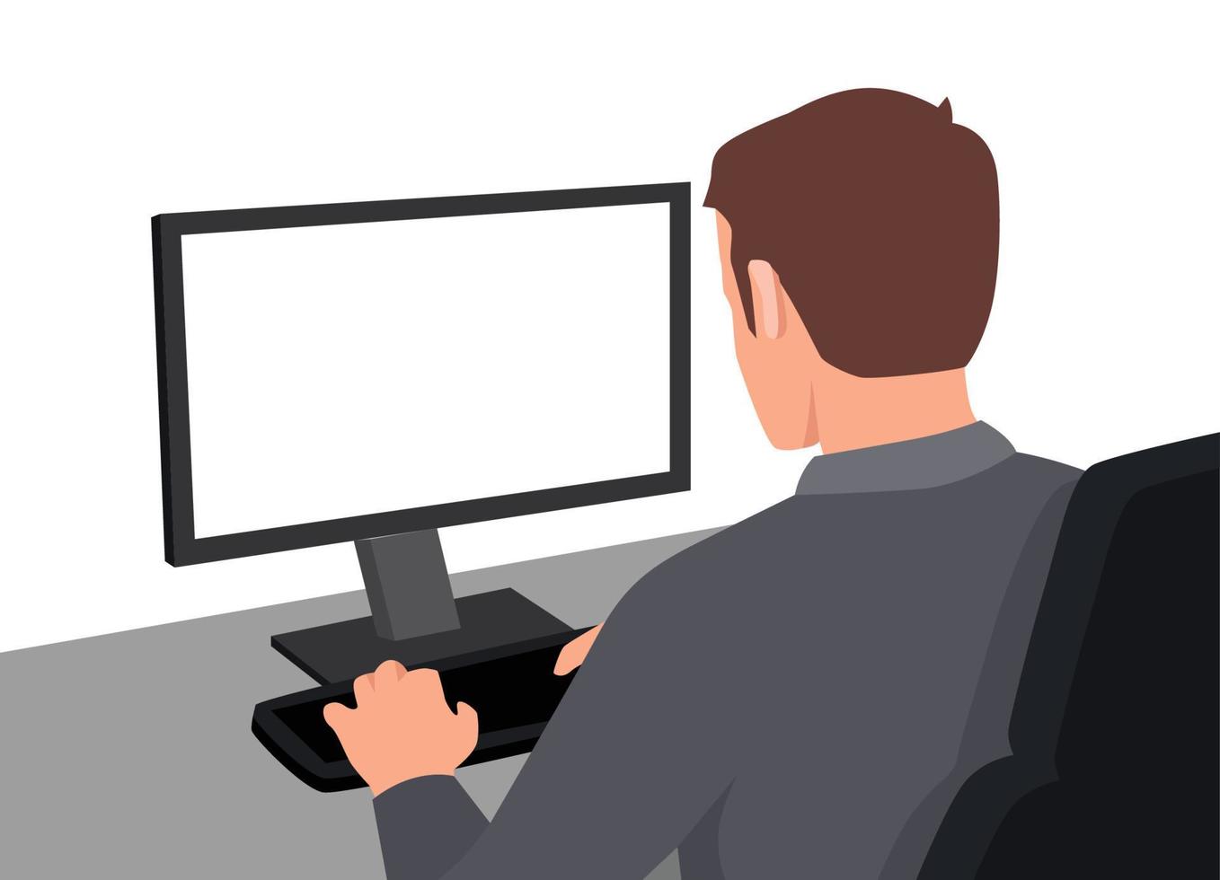 Young man working on a computer. View from his back with blank screen. Flat vector illustration isolated on white background