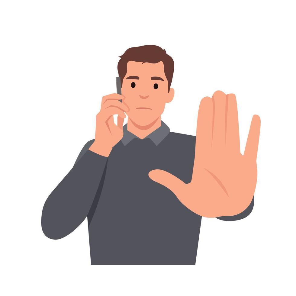 Serious man on phone call and shows stop gesture. Flat vector illustration isolated on white background