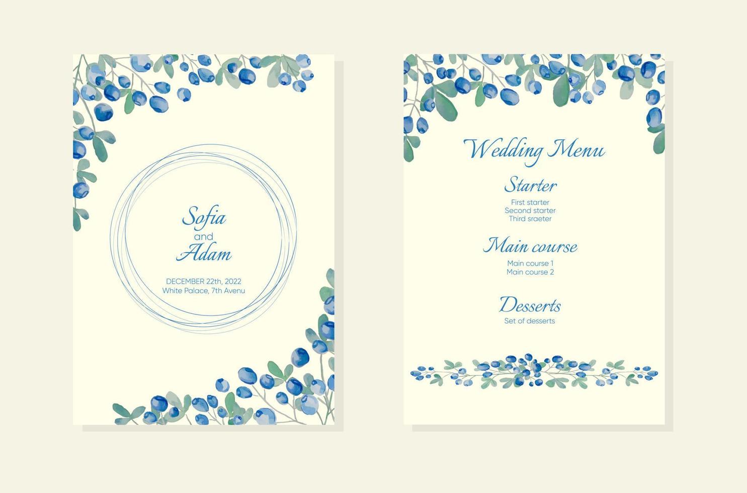 Blue derry vector frames. Hand painted branches, leaves and beeries on white background. Greenery wedding simple minimalist invitations.