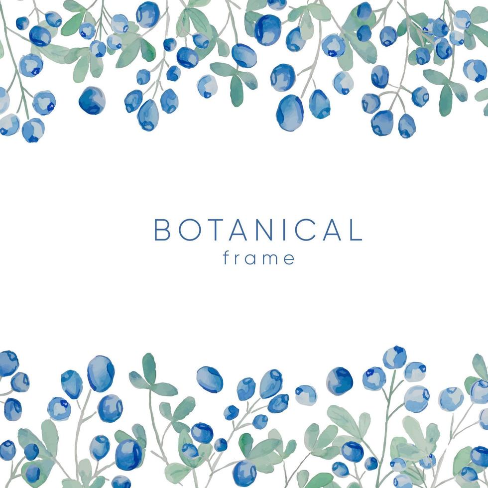 Watercolor wild berries frame. Hand drawn floral card design with natural elements blueberry branches and leaves. vector