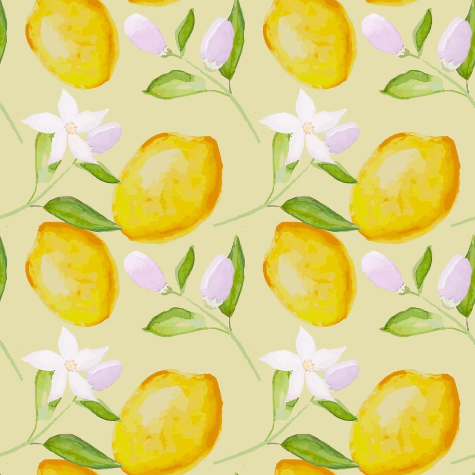 Seamless pattern with hand drawn blooming lemon tree branches and lemons. Drawn colored vector illustration for printing