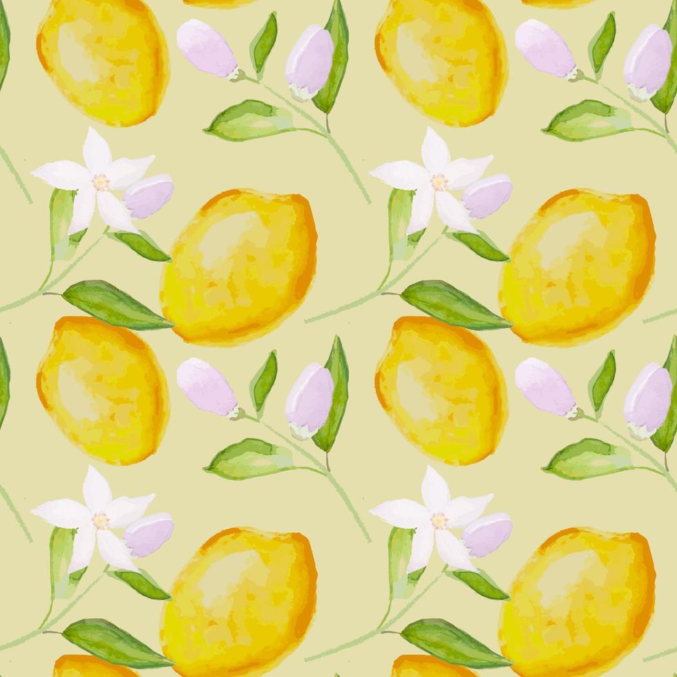 Seamless pattern with hand drawn blooming lemon tree branches and lemons. Drawn colored vector illustration for printing