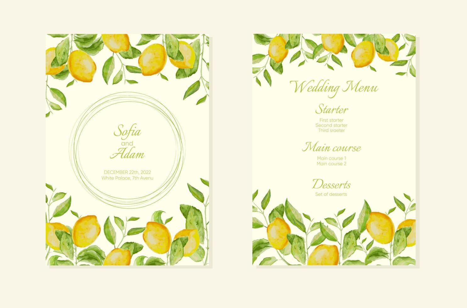 tarjeta de invitación de boda con almuerzos de limón acuarela. plantilla para saludo, tarjetas de cumpleaños, carteles con lugar de texto. vector