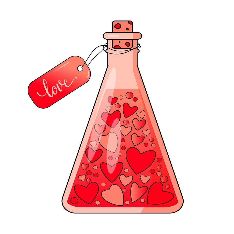 matraz de química con corazones y amor veneno icono del día de san valentín aislado sobre fondo blanco. ilustración de vector de estilo de dibujos animados de diseño plano.