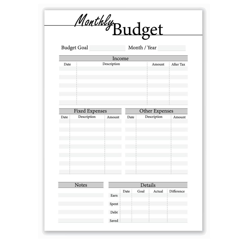 Classic professional monthly budget plan template vector