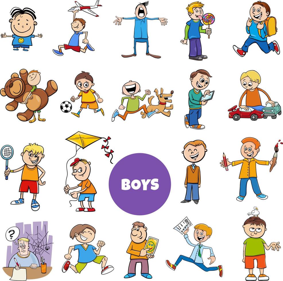 cartoon teen and elementary age boys characters set vector