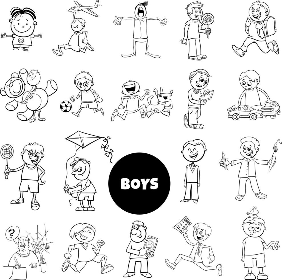 cartoon teen and elementary age boys set coloring book vector