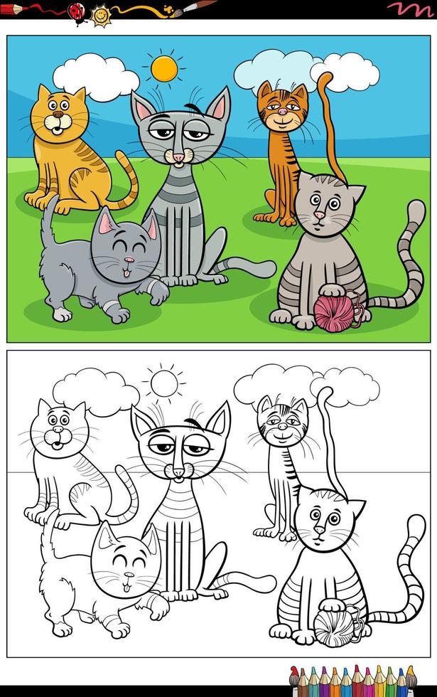 cartoon cats animal characters group coloring page vector