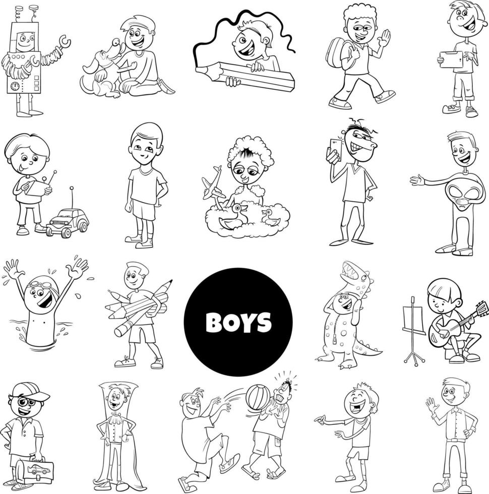 cartoon teen and elementary age boys set coloring book vector