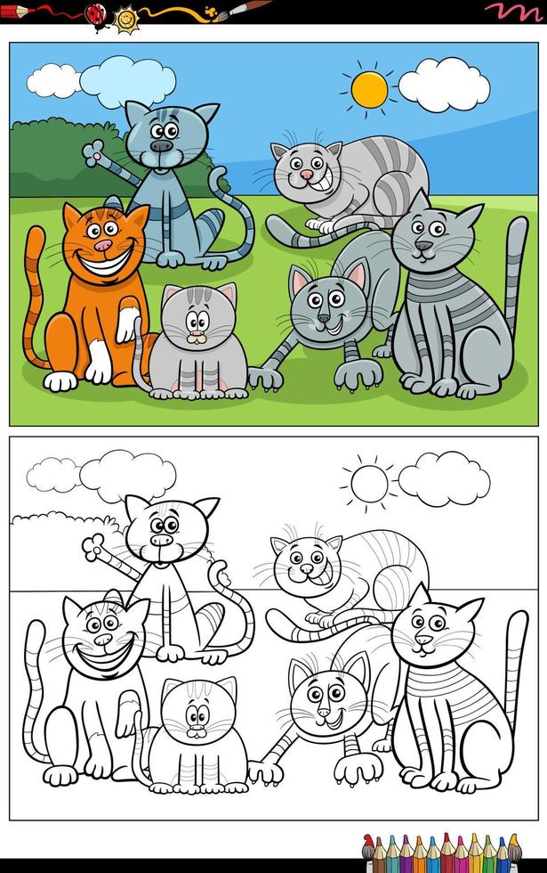 cartoon cats and kittens animal characters coloring page vector