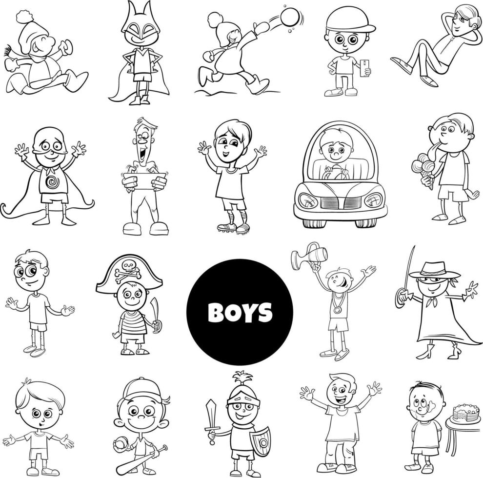 cartoon teen and elementary age boys set coloring book vector