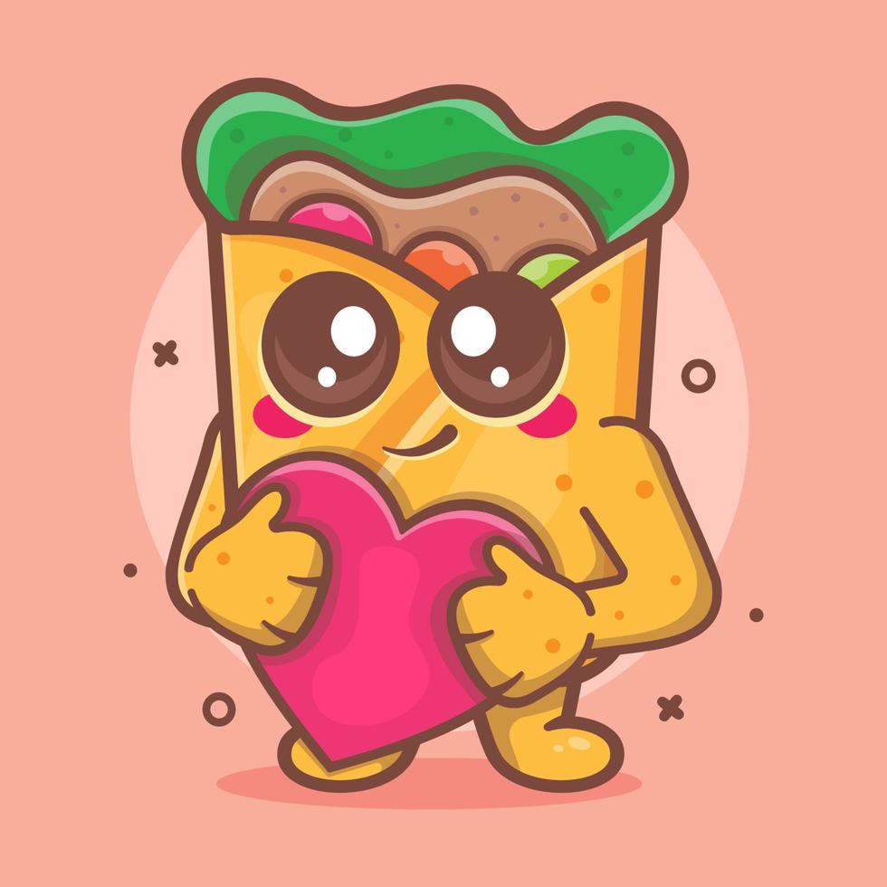 mascota de personaje de comida de burrito kawaii con signo de corazón de amor dibujos animados aislados en diseño de estilo plano vector