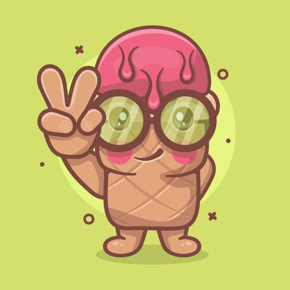 linda mascota de personaje de cono de uso de helado con gesto de mano de signo de paz dibujos animados aislados en diseño de estilo plano vector