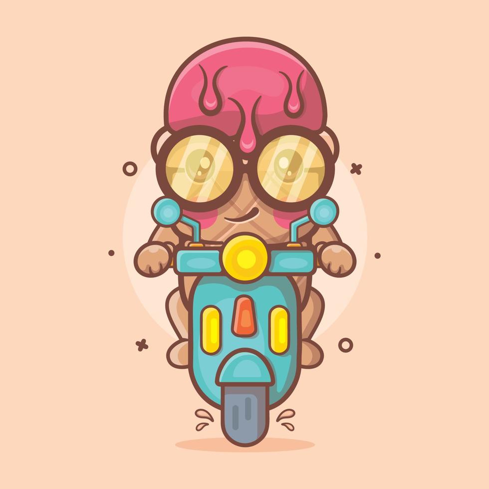 helado fresco uso cono personaje mascota montar scooter motocicleta dibujos animados aislados en diseño de estilo plano vector