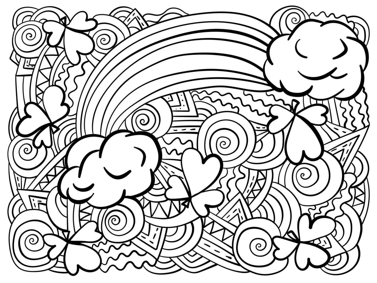 Coloring page with clover shamrocks and rainbow, Patrick's day symbols with patterns for festive activity vector