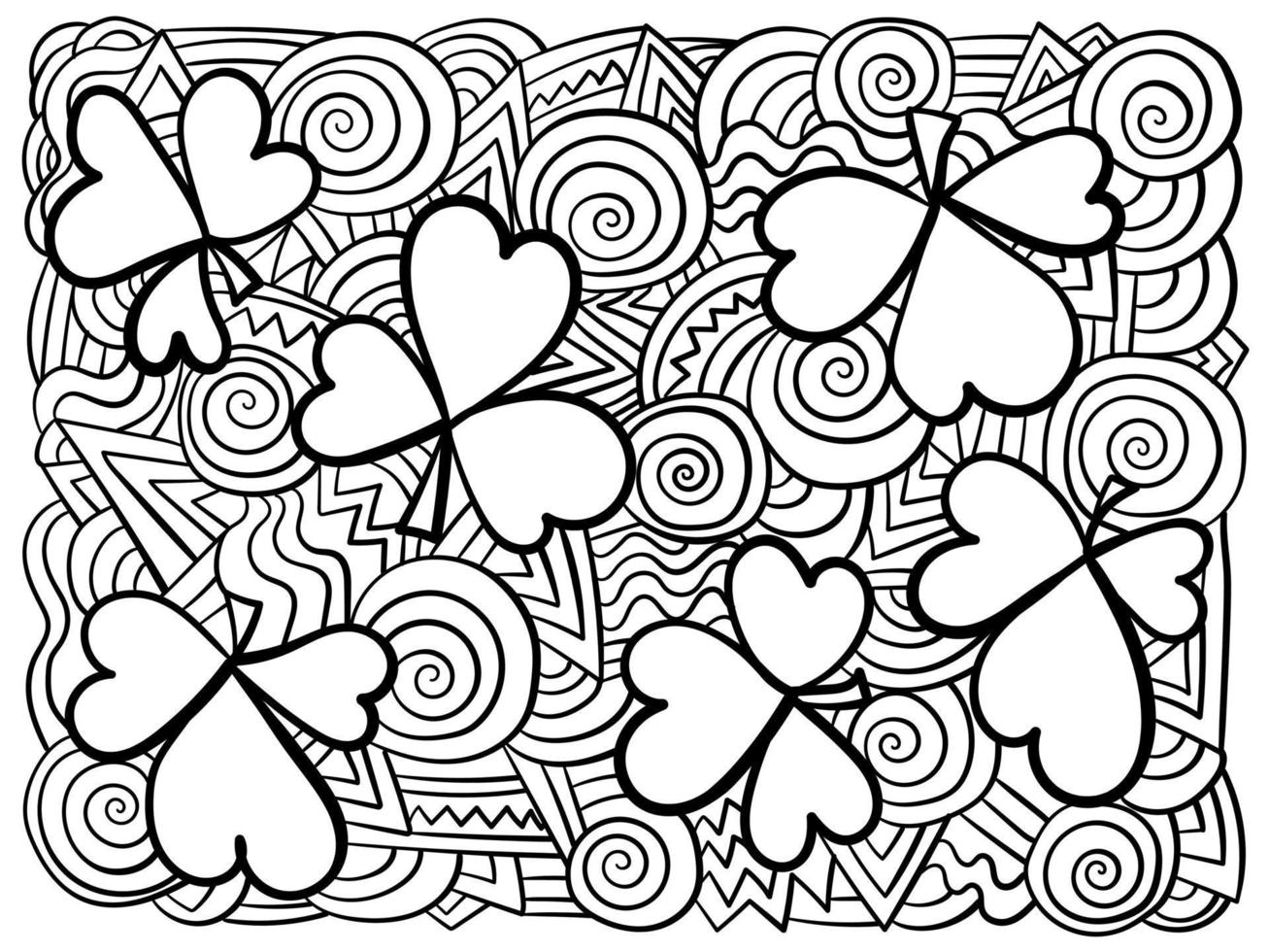 Coloring page with clover shamrocks and fantasy patterns, symbols of Patricks day for holiday activity vector
