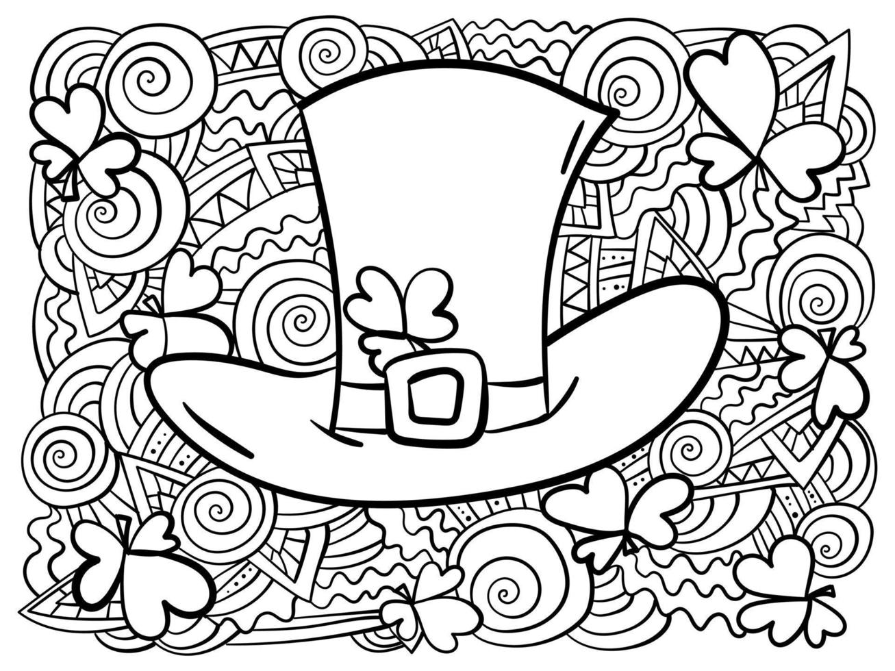 Leprechaun hat with clover shamrocks and ornate spirals and waves, meditative coloring page for St. Patrick's Day vector