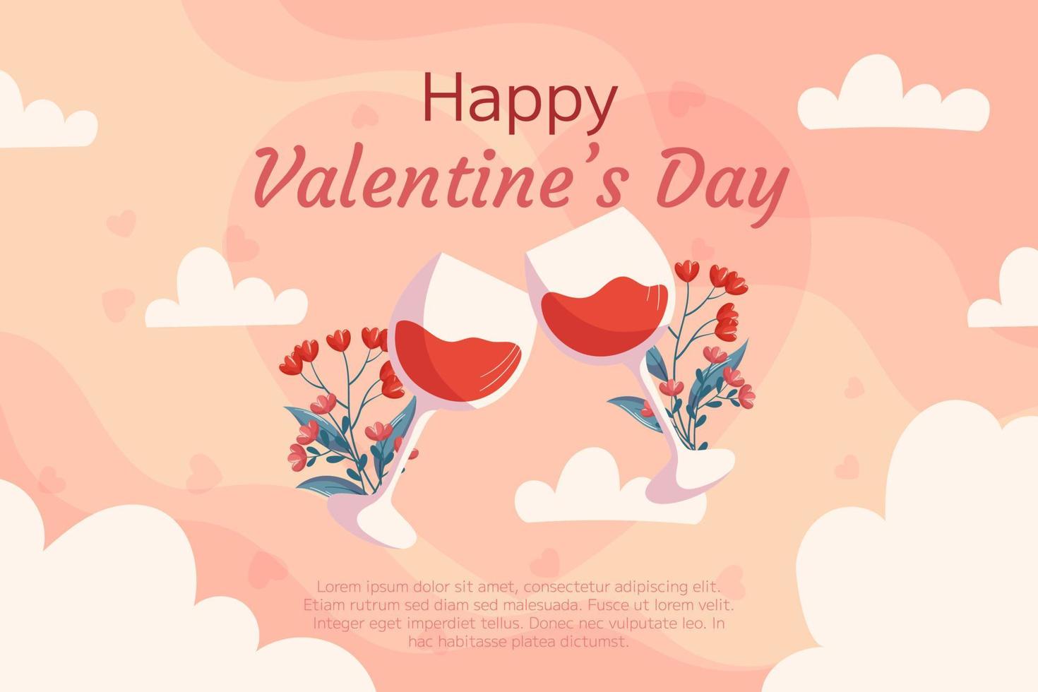 St. Valentine's Day background design with Two glass of wine with flowers behind it on beige back white clounds. Greeting card vector