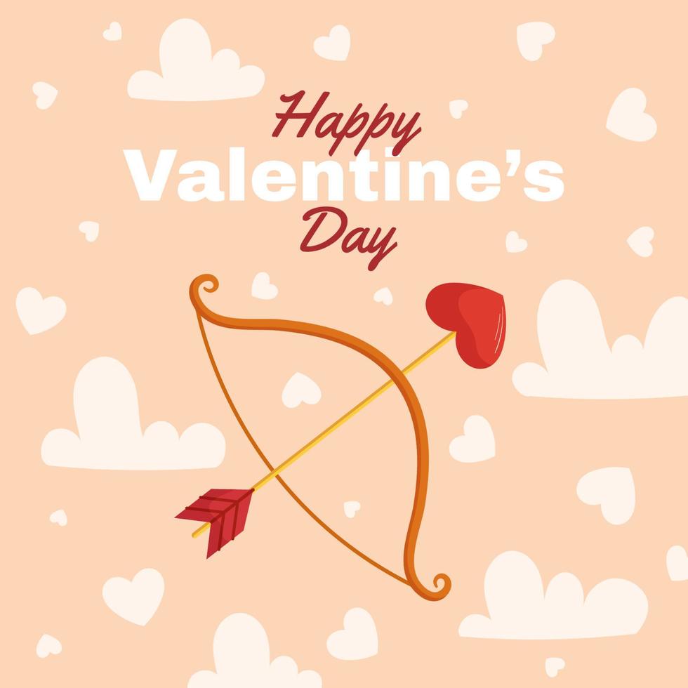 St. Valentine's Day design with Bow and arrow with a heart-shaped arrowhead, clouds and heart around on beige back. Greeting card, square social media post template vector