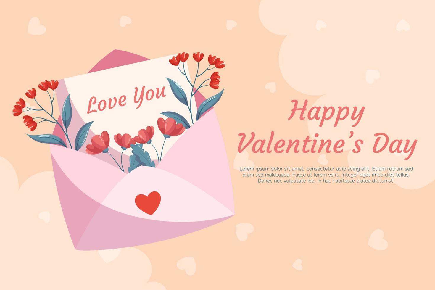 St. Valentine's Day background design with pink open envelop, letter with words Love You and red flowers with green leaves on beige backdrop. Concept with decorative clouds and hearts on the back. vector