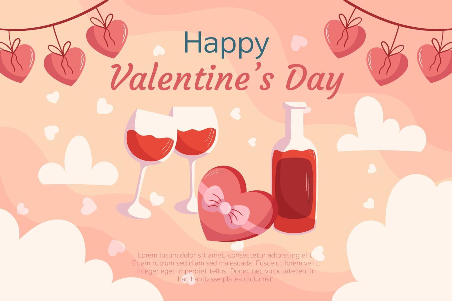 St. Valentine's Day background design with Bottle and two glass of wine, box with chocolatte in heart shape with ribbon, hearts garland on top. Greeting card vector