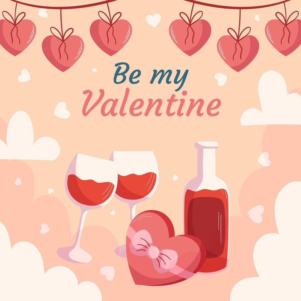 St. Valentine's Day design with Bottle and two glass of wine, box with chocolatte in heart shape with ribbon, hearts garland on top. Greeting card, square social media post template vector