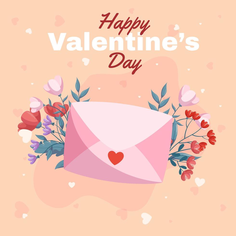 Pink closed envelop, red and pink flowers green leaves on beige backdrop. St. Valentine's Day square template design. Concept for social media with decorative clouds and hearts on the back. vector