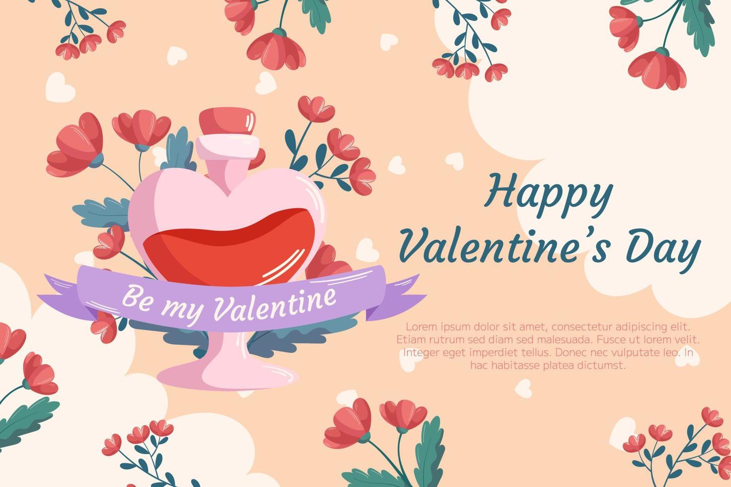 St. Valentine's Day background design with Love potion bottle concept illustration with red flowers behind it with ribbon on beige backdrop. Greeting card, decorative hearts and clouds on the back vector
