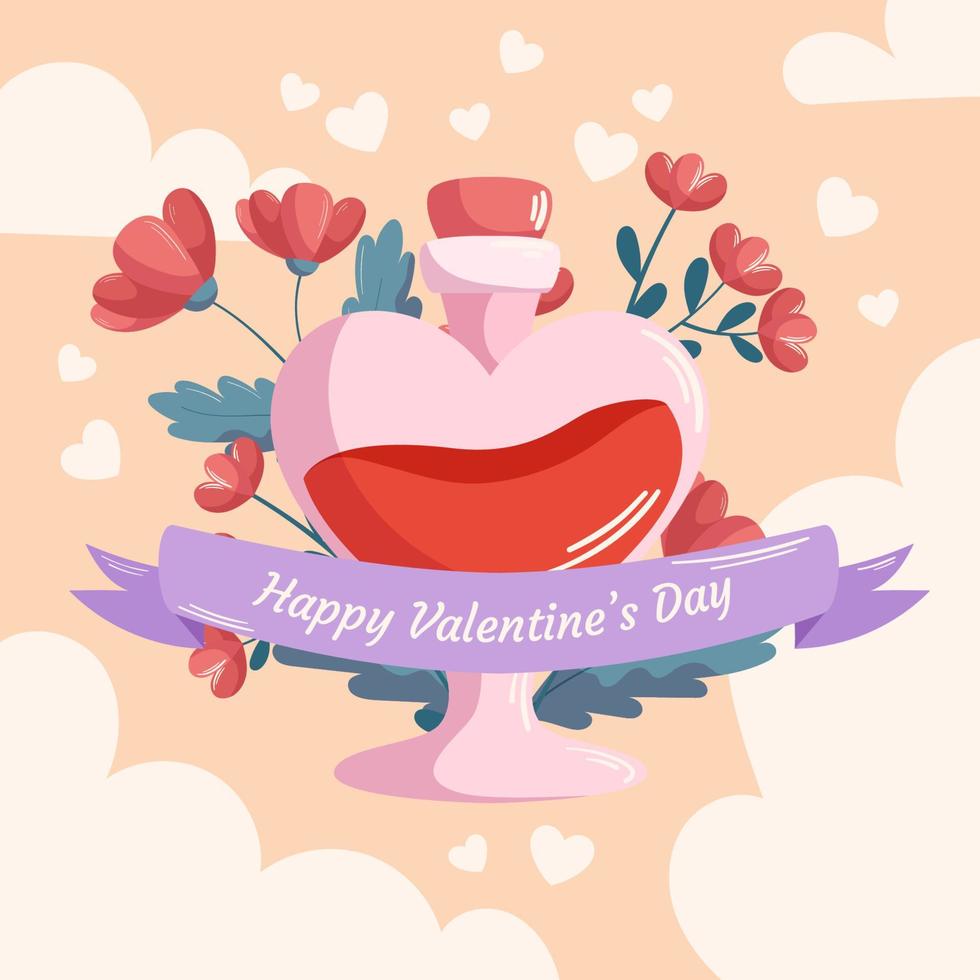 St. Valentine's Day design with Love potion bottle concept illustration with red flowers behind it with ribbon on beige backdrop. Greeting card, square social media post template vector