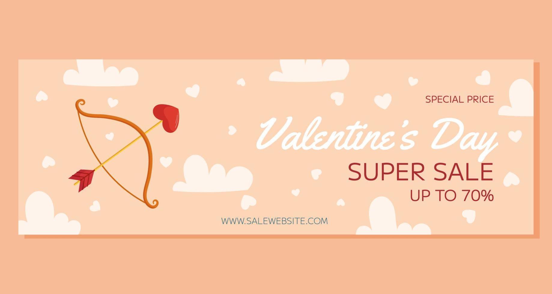 S t. diseño de plantilla de banner de súper venta horizontal del día de san valentín. arco y flecha con punta de flecha en forma de corazón, nubes y corazón alrededor de la espalda beige. precio especial compras en linea vector