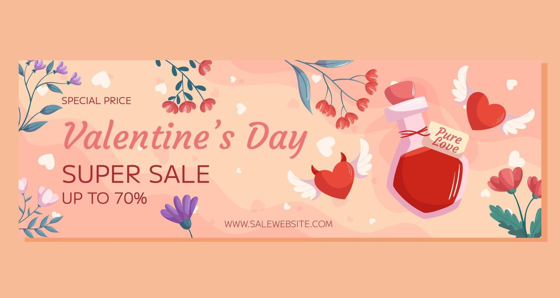 S t. diseño de plantilla de banner de súper venta horizontal del día de san valentín. botella de poción de amor dos corazones con alas demonio y ángel, marco de flores en la espalda beige. precio especial compras en linea vector