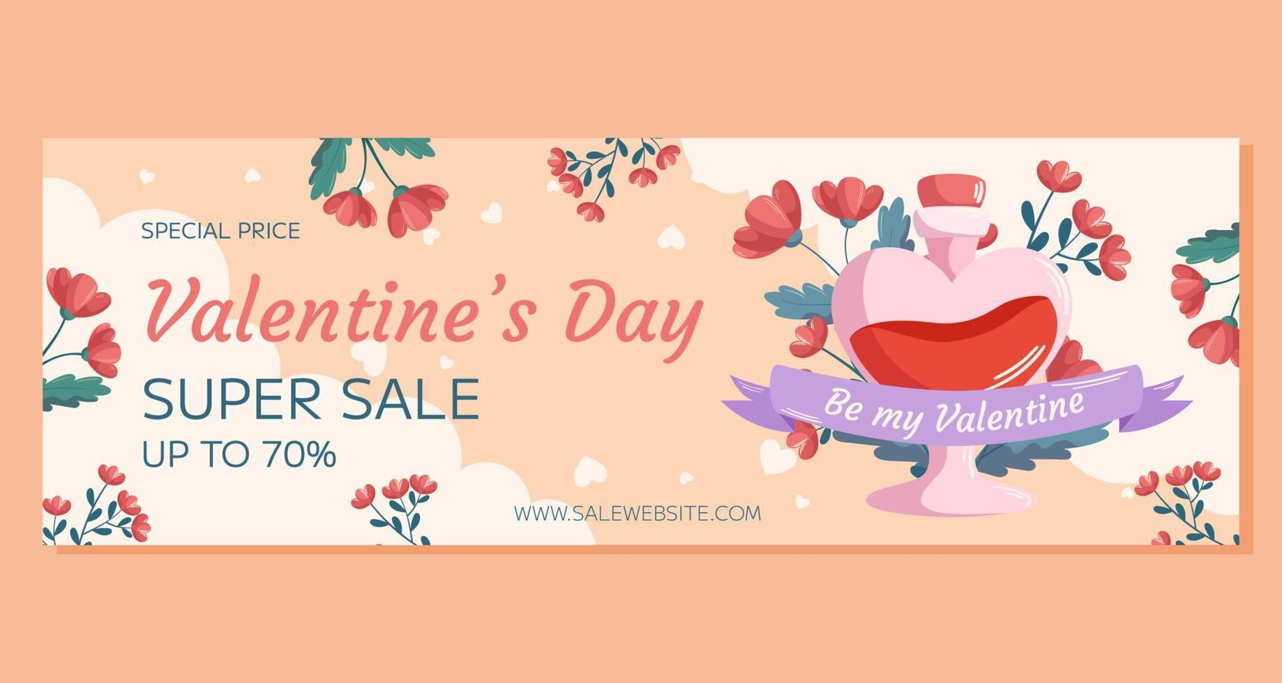 St. Valentine's Day horizontal Super Sale banner template design. Love potion bottle concept illustration with red flowers behind it with ribbon on beige backdrop. Special Price  online shopping vector