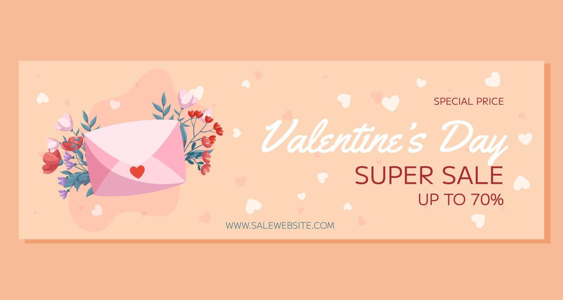 St. Valentine's Day horizontal Super Sale banner template design. Pink closed envelop, red and pink flowers green leaves on beige backdrop. Special Price online shopping vector