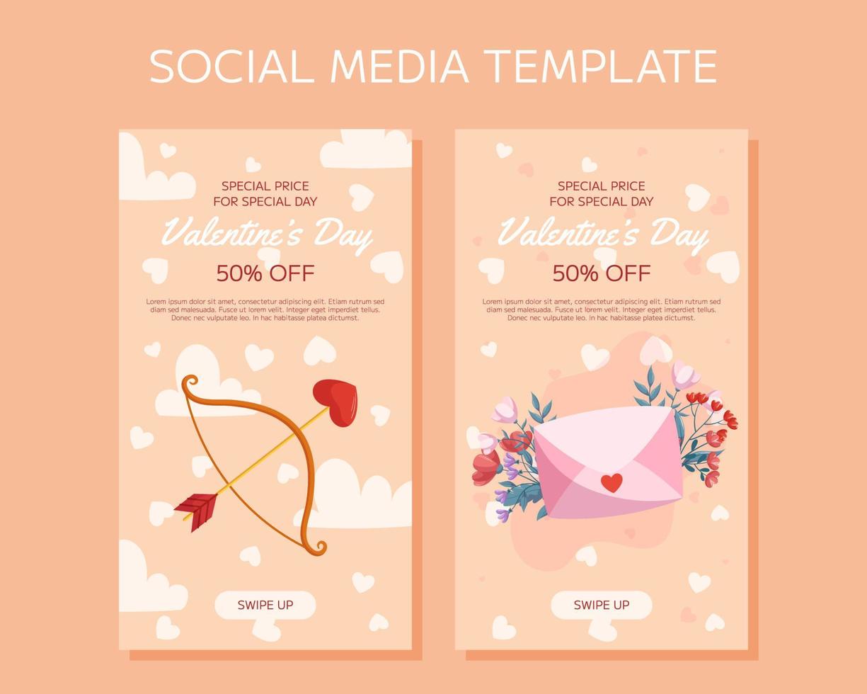 Valentine's Day vertical social media stories template design. Bow and arrow with a heart-shaped arrowhead, clouds and heart around, envelop and flowers on beige back. Special Price online shopping vector