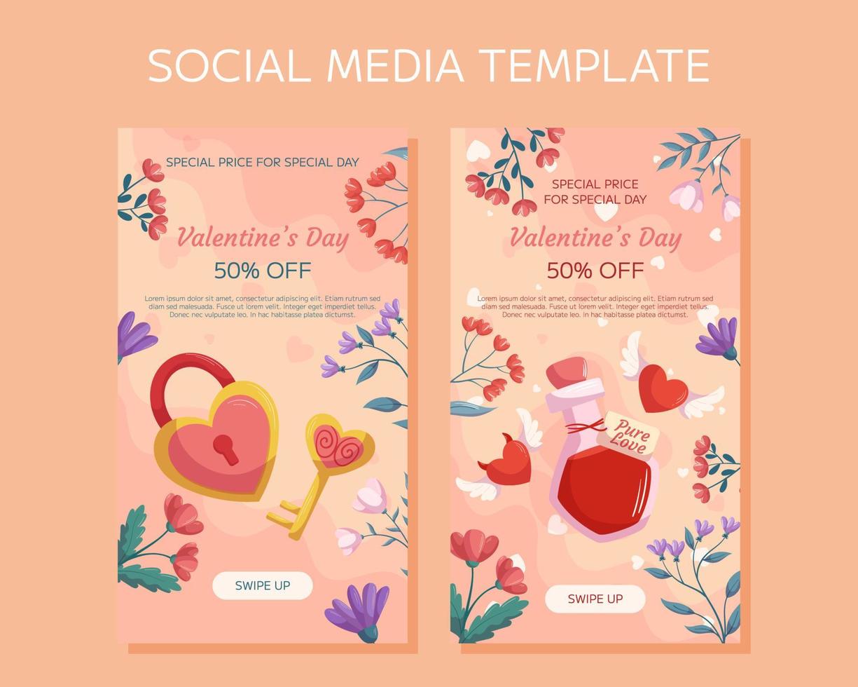 diseño de plantilla de historias de redes sociales verticales del día de san valentín. cerradura y llave en forma de corazón, botella de poción, marco floral, corazones con alas. concepto de precio especial compras en línea vector