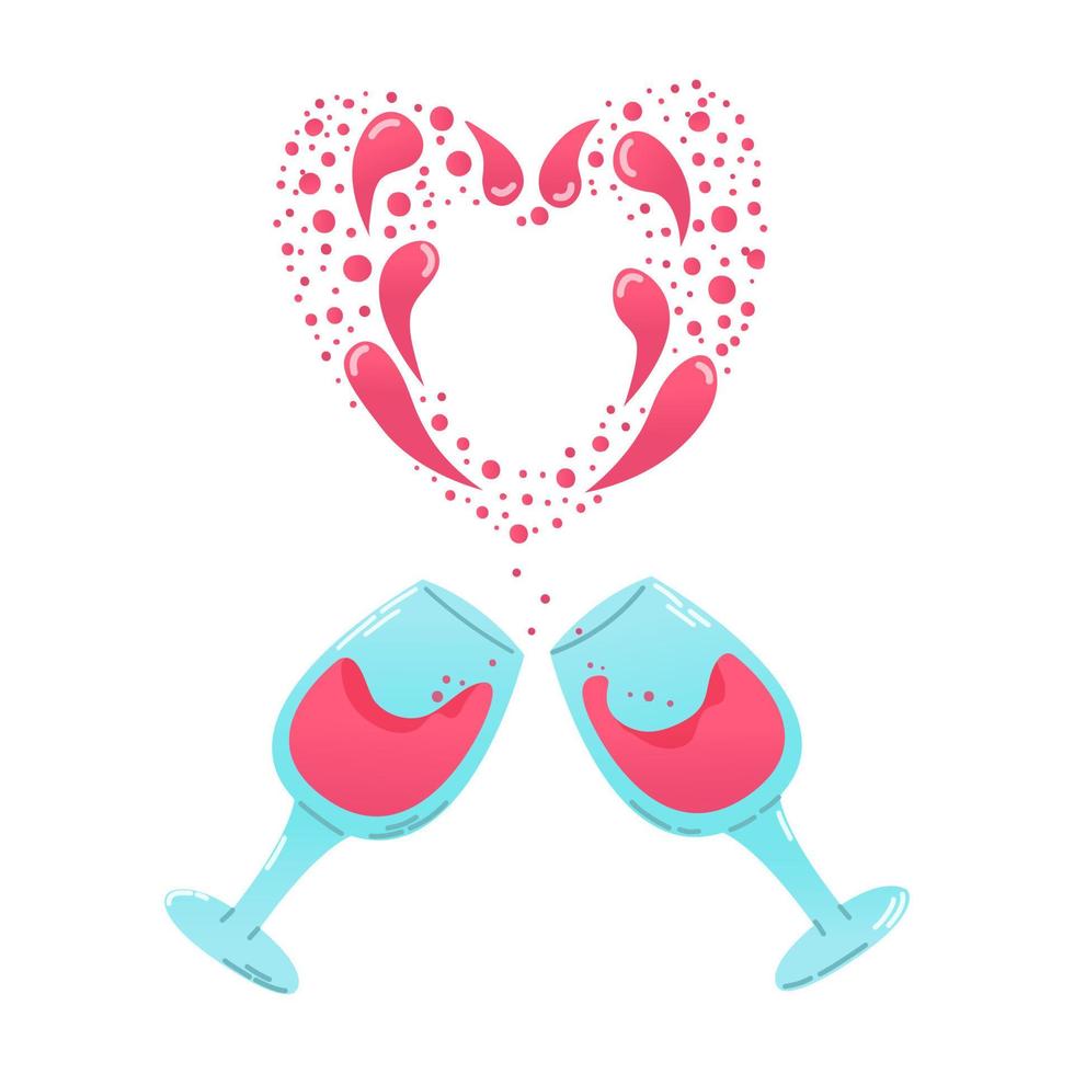 Hand drawn cartoon couple glasses of wine with splashes in shape heart in flat style. vector
