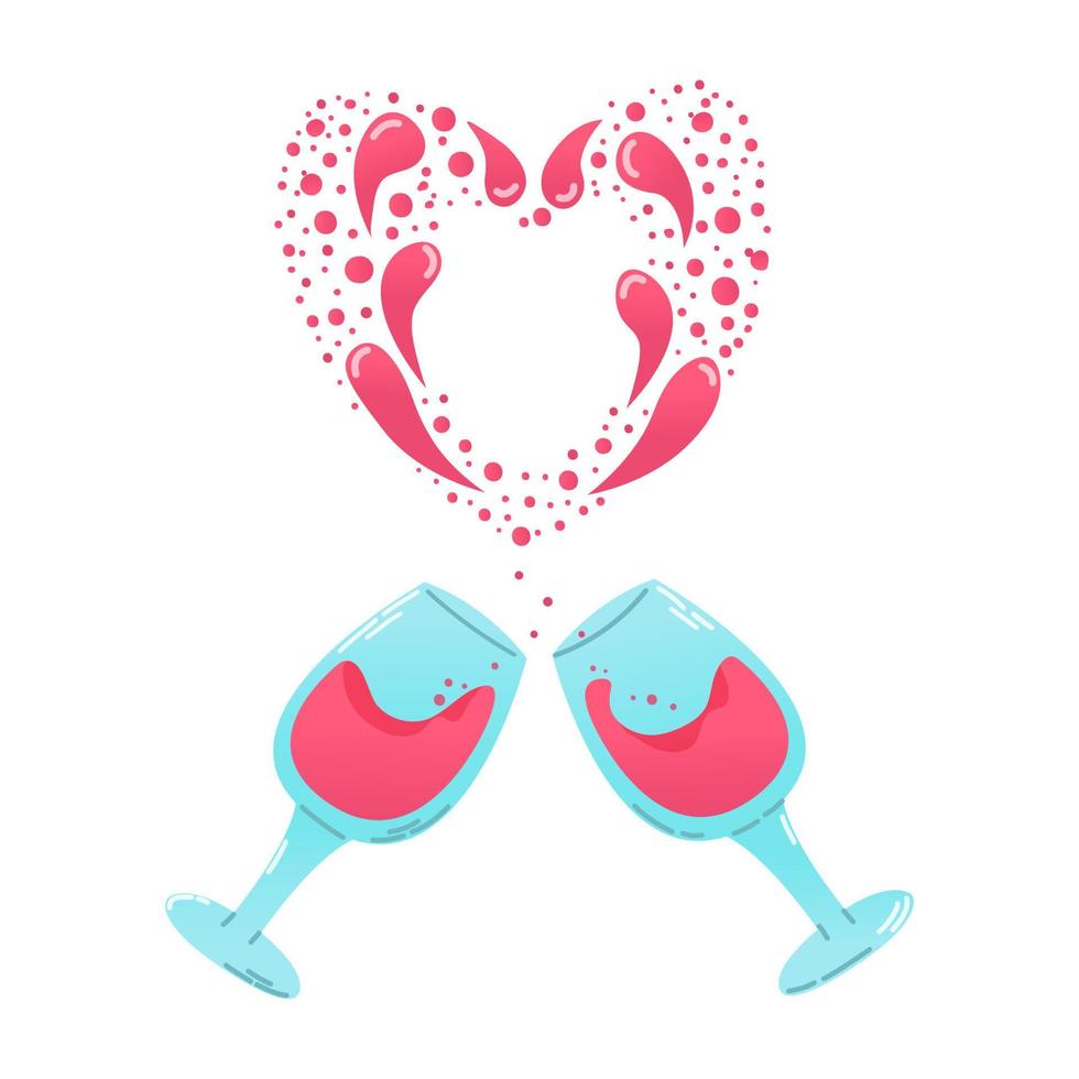 Pareja de dibujos animados dibujados a mano copas de vino con salpicaduras en forma de corazón en estilo plano. vector