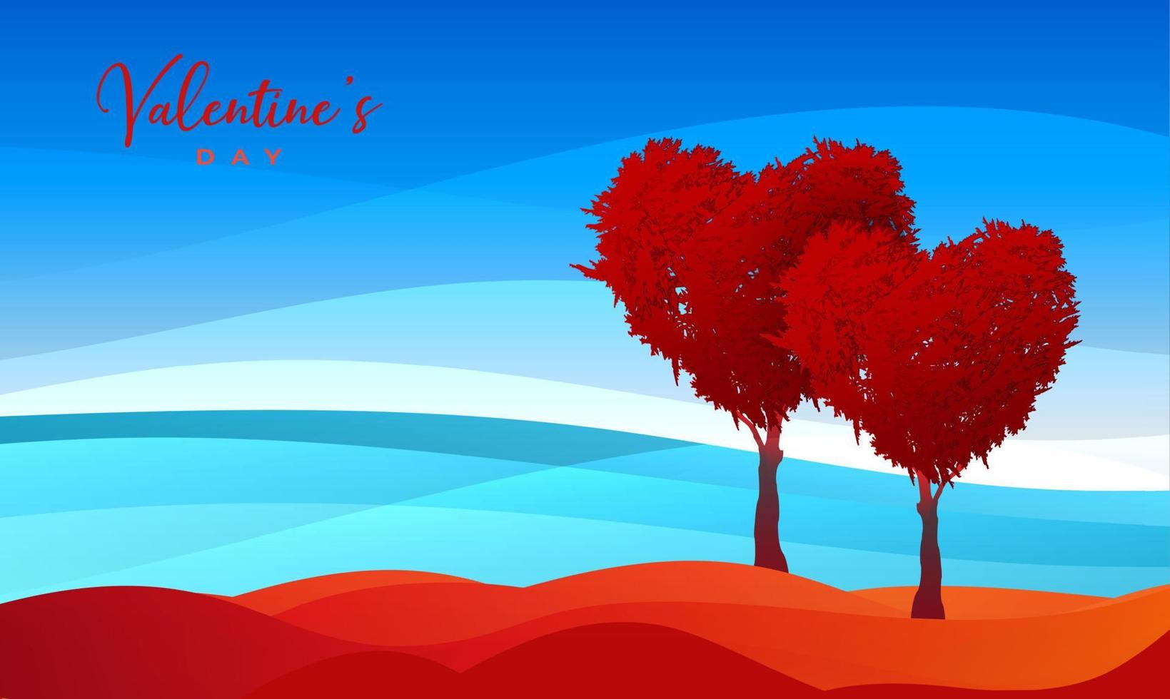 Trees in the shape of red heart, valentines day background, vector fantasy landscape, couple of trees symbol of love banner template