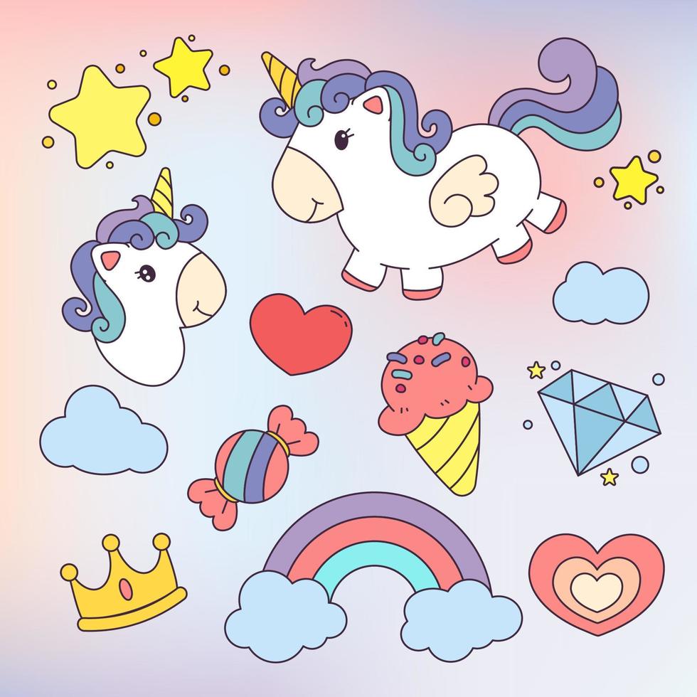 lindo conjunto de pegatinas de unicornio vector