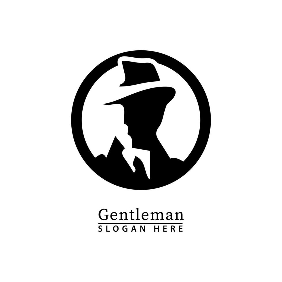 man in a hat and wearing a jentelmen suit in a circle icon logo vector