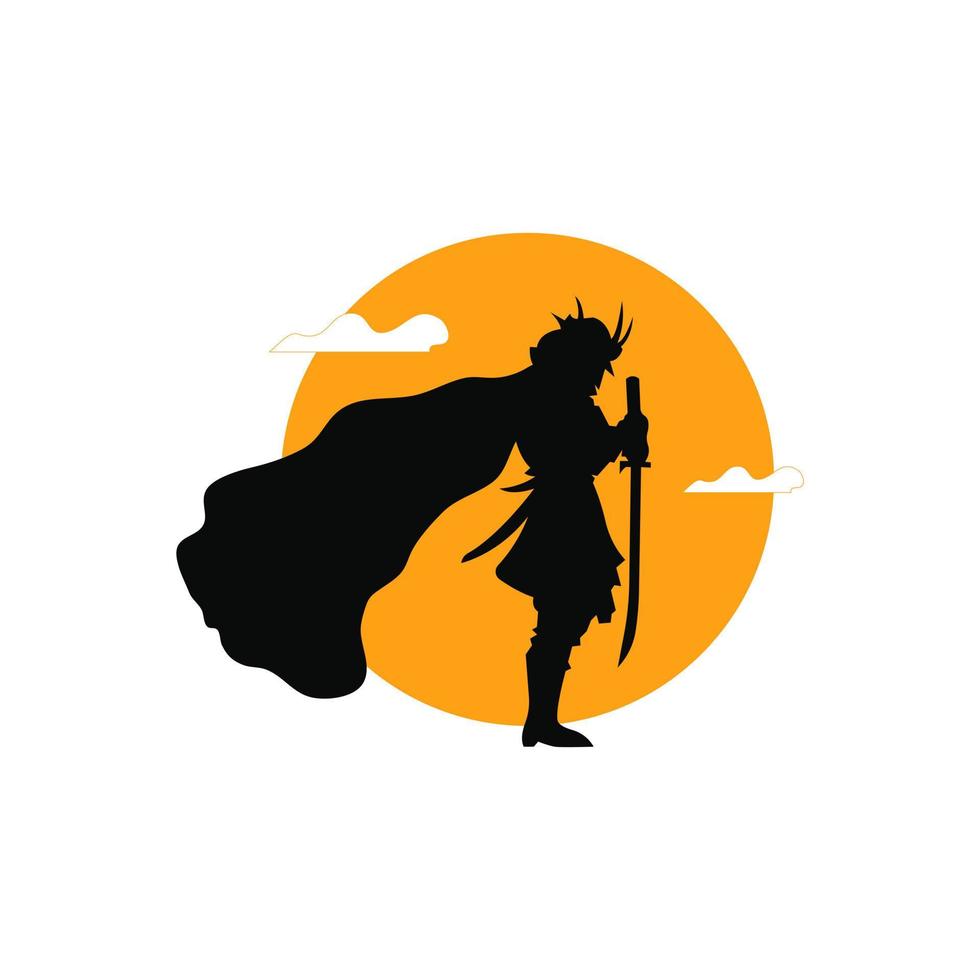 samurai frente al ícono del logo del sol vector